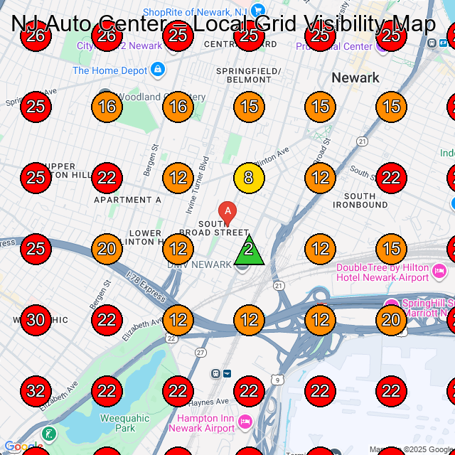 NJ Auto Center GeoGrid visibility map for Used Car Dealer in Newark